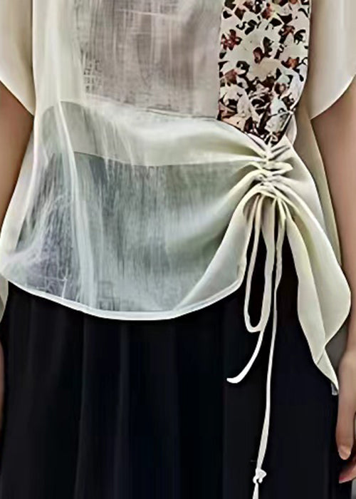 New Beige O-neck Print Lace Up Cotton Shirt Short Sleeve