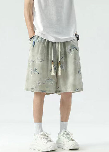 New Beige Print Lace Up Ice Silk Summer Beach Shorts