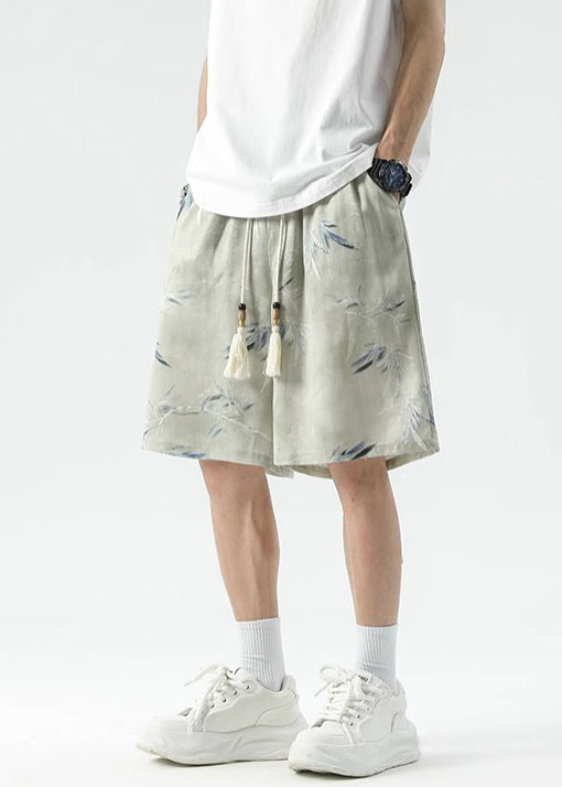 New Beige Print Lace Up Ice Silk Summer Beach Shorts