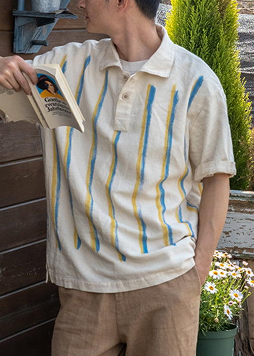 New Beige Striped Button Cotton Shirts Summer