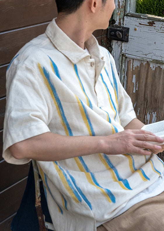 New Beige Striped Button Cotton Shirts Summer