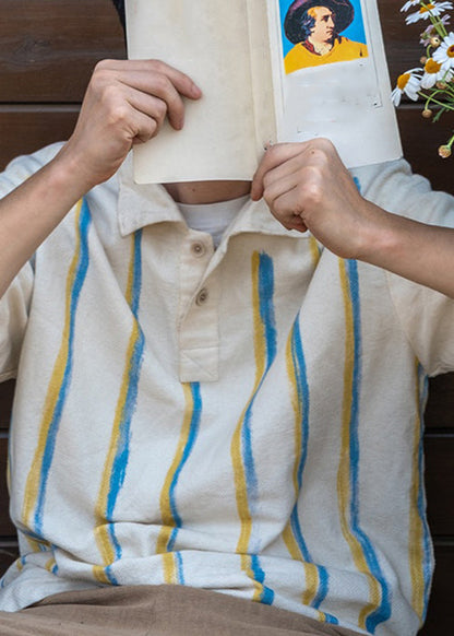 New Beige Striped Button Cotton Shirts Summer
