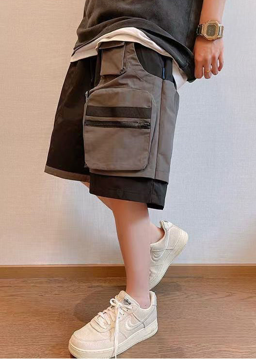 New Black Asymmetrical Pockets Patchwork Cotton Shorts Summer