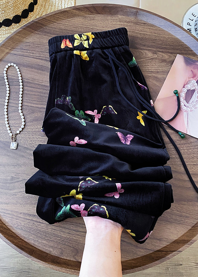 New Black Butterfly Elastic Waist Silk Velvet Straight Pants Spring