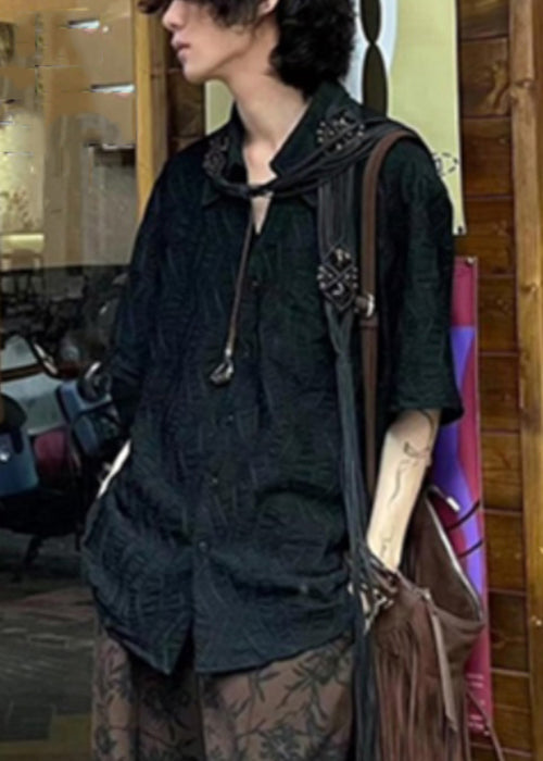 New Black Button Cotton Shirts Half Sleeve