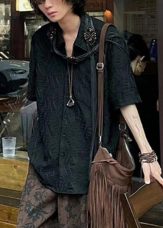 New Black Button Cotton Shirts Half Sleeve
