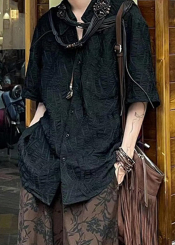 New Black Button Cotton Shirts Half Sleeve