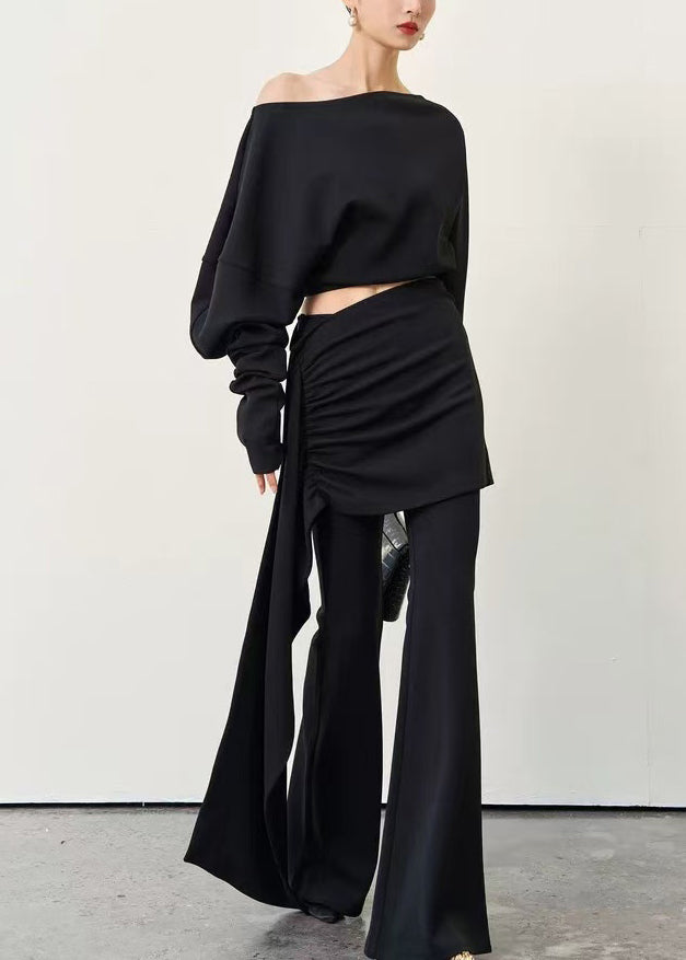 New Black Cold Shoulder T Shirt and Flared Trousers Cotton Two Pieces Set Batwing Sleeve