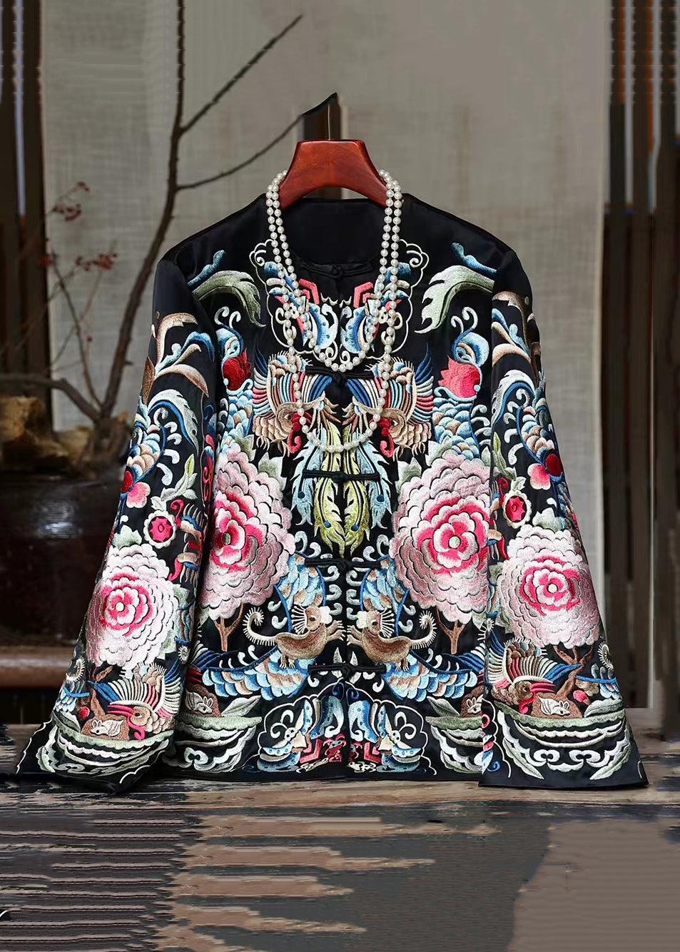 New Black Print Chinese Button Silk Coats Spring