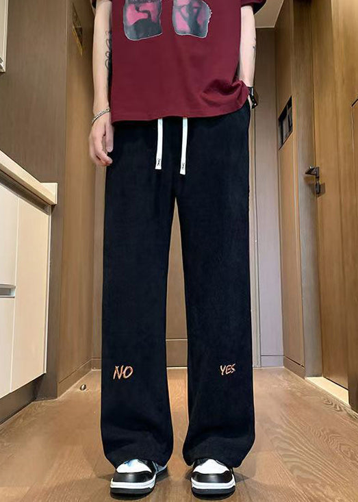 New Black Embroideried Elastic Waist Corduroy Wide Leg Pants Spring