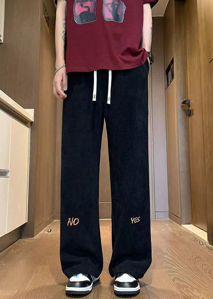 New Black Embroideried Elastic Waist Corduroy Wide Leg Pants Spring
