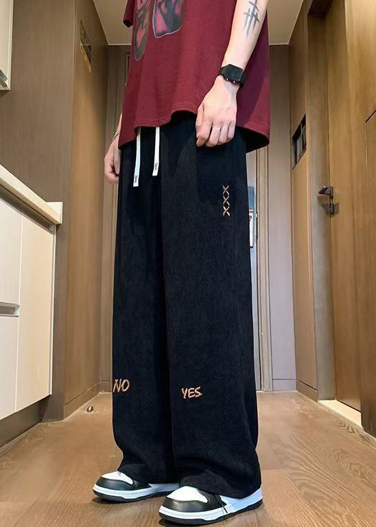 New Black Embroideried Elastic Waist Corduroy Wide Leg Pants Spring