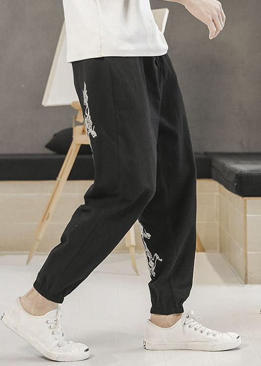 New Black Embroideried Elastic Waist Cotton Beam Pants Summer