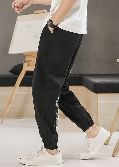 New Black Embroideried Elastic Waist Cotton Beam Pants Summer