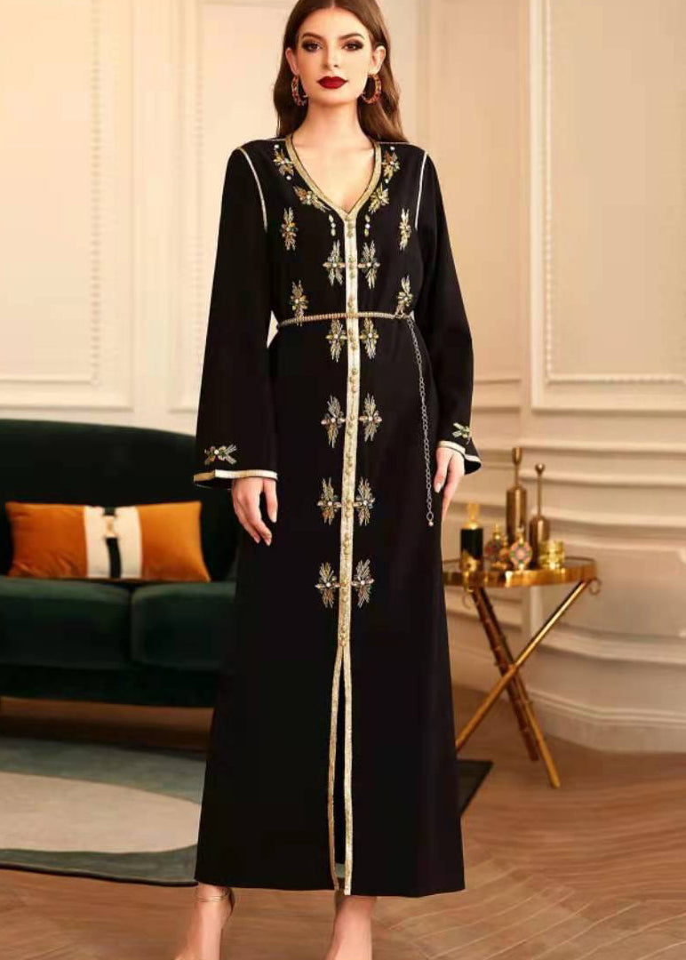 New Black Hand-stitched Phnom Penh V-neck Rhinestone Party Dress