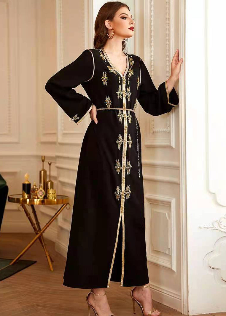 New Black Hand-stitched Phnom Penh V-neck Rhinestone Party Dress