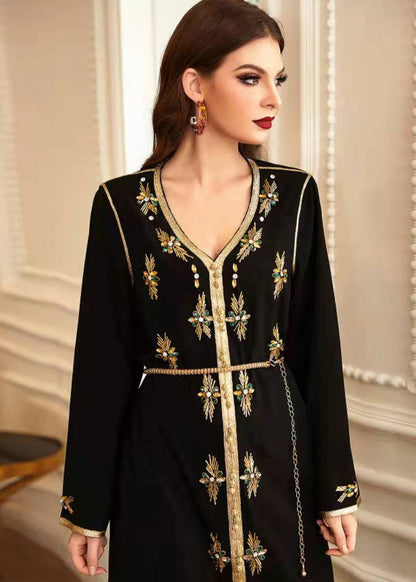New Black Hand-stitched Phnom Penh V-neck Rhinestone Party Dress