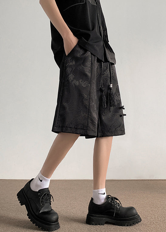 New Black Lace Up Elastic Waist Ice Silk Summer Shorts