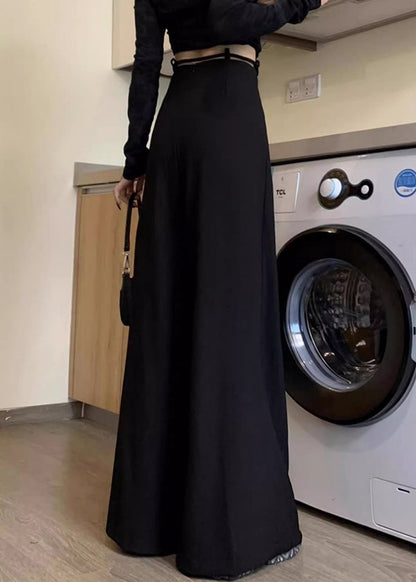 New Black Lace Up High Waist Spandex Wide Leg Pants Fall