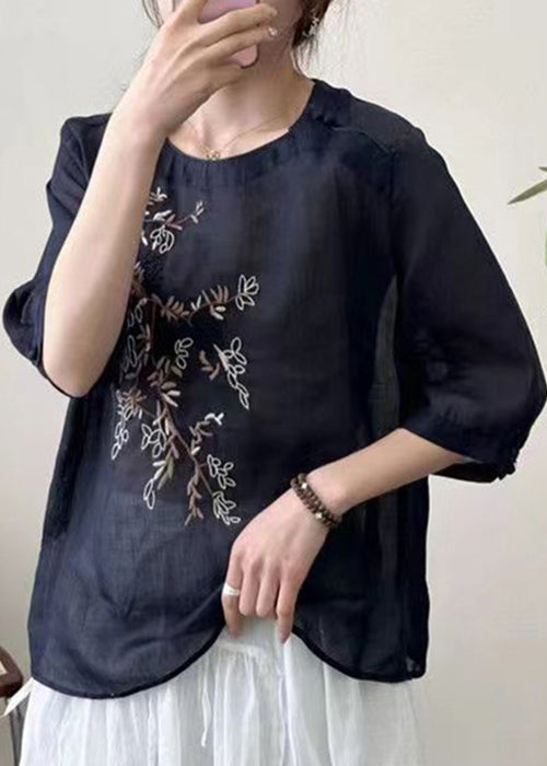 New Black O-neck Embroideried Patchwork Cotton T Shirt Half Sleeve