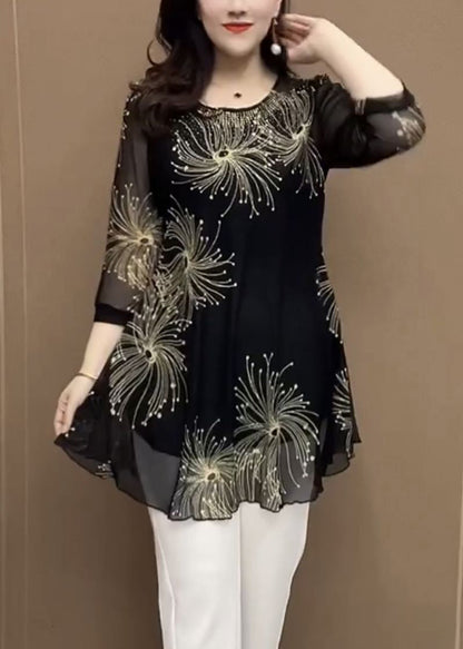 New Black O Neck Print Patchwork Chiffontops Half Sleeve