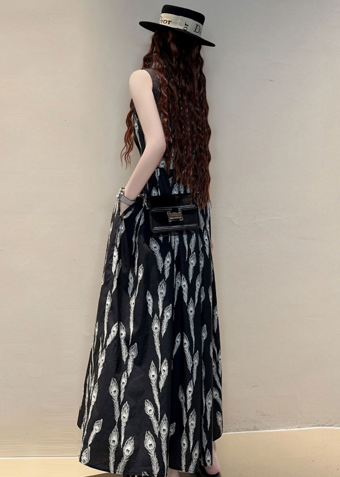New Black O Neck Print Pockets Cotton Maxi Dresses Sleeveless