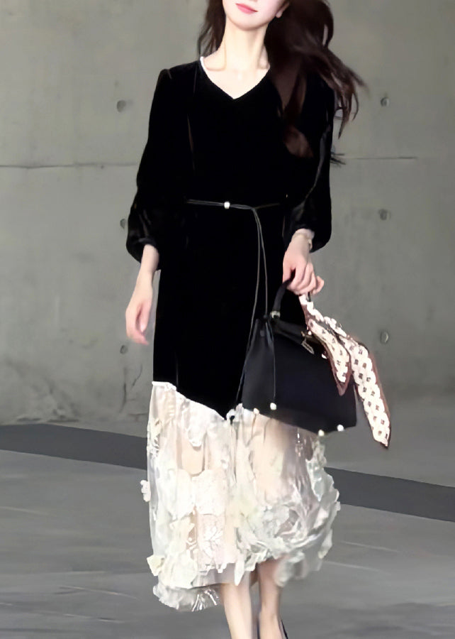 New Black O Neck Tulle Patchwork Velvet Long Dresses Spring