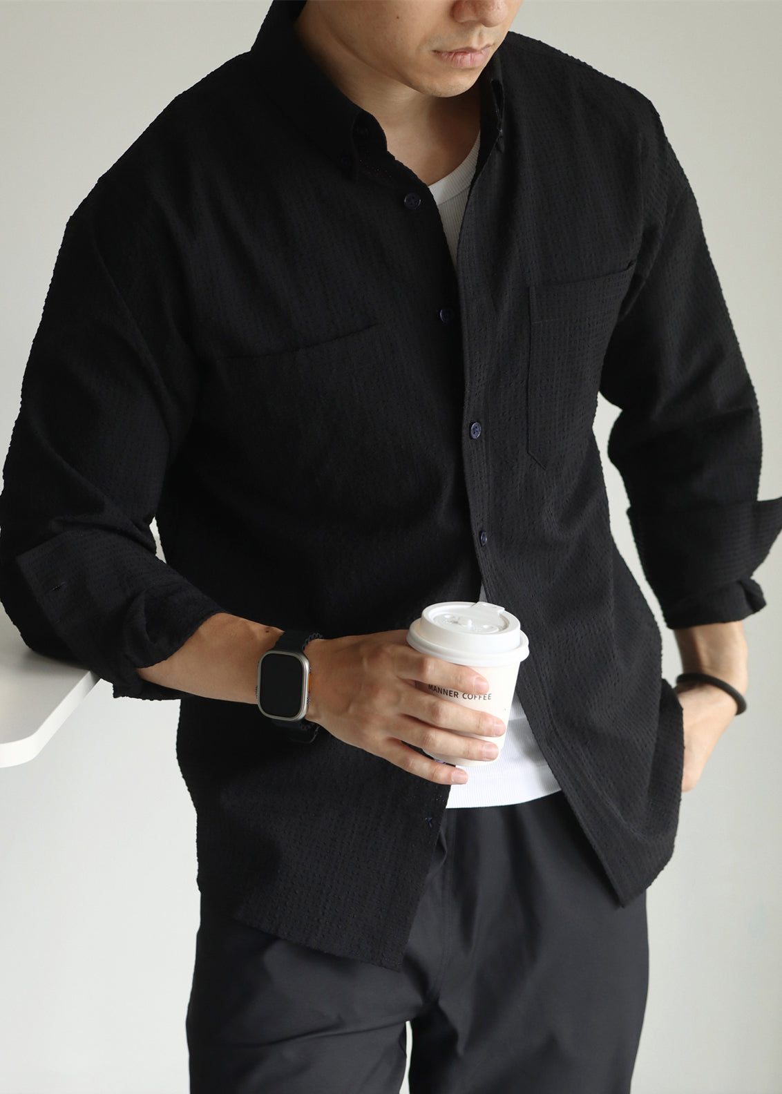 New Black Peter Pan Collar Button Cotton Men Shirts Fall