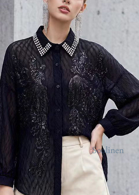 New Black Peter Pan Collar Nail Bead Sequins Shirt Tops Spring
