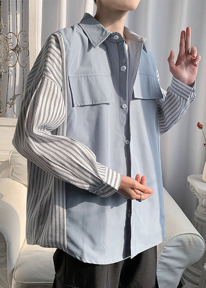 New Black Peter Pan Collar Striped Patchwork Cotton Shirts Mens Spring