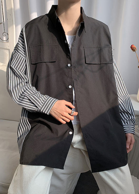 New Black Peter Pan Collar Striped Patchwork Cotton Shirts Mens Spring