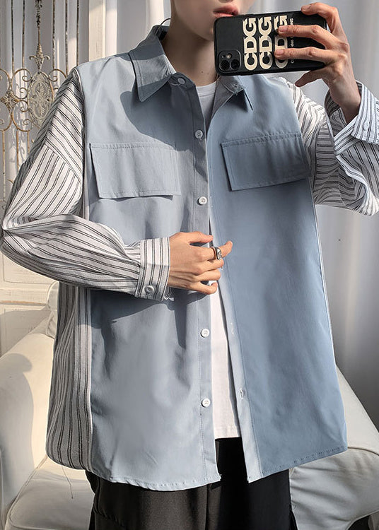 New Black Peter Pan Collar Striped Patchwork Cotton Shirts Mens Spring
