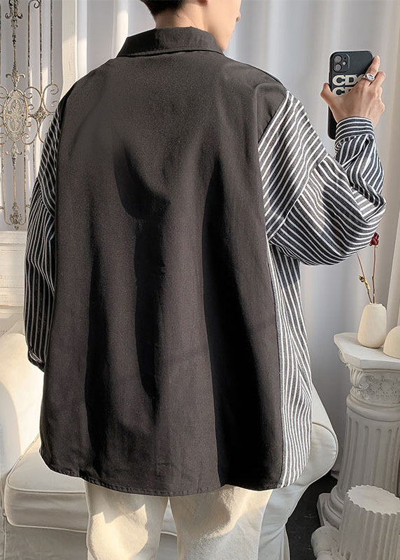New Black Peter Pan Collar Striped Patchwork Cotton Shirts Mens Spring