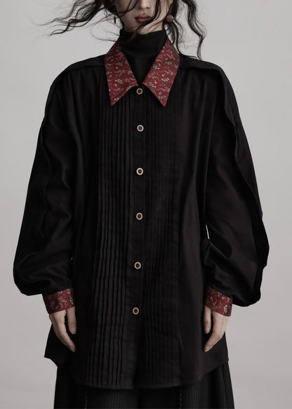 New Black Peter Pan Collar Wrinkled Patchwork Cotton Shirts Top Spring