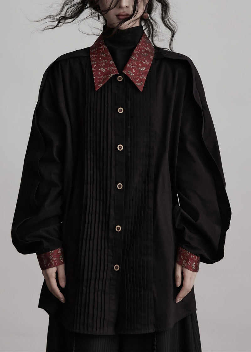 New Black Peter Pan Collar Wrinkled Patchwork Cotton Shirts Top Spring