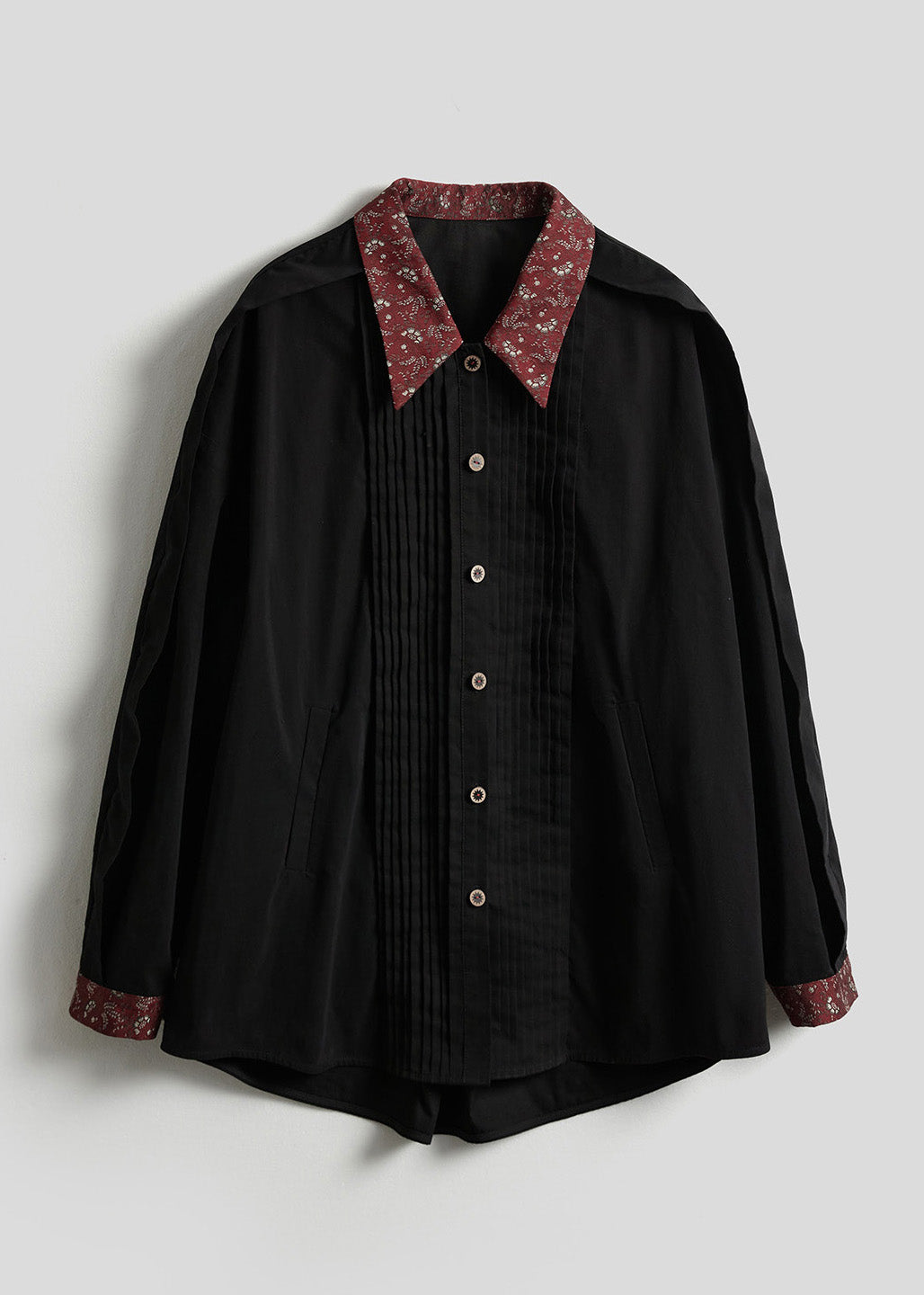 New Black Peter Pan Collar Wrinkled Patchwork Cotton Shirts Top Spring