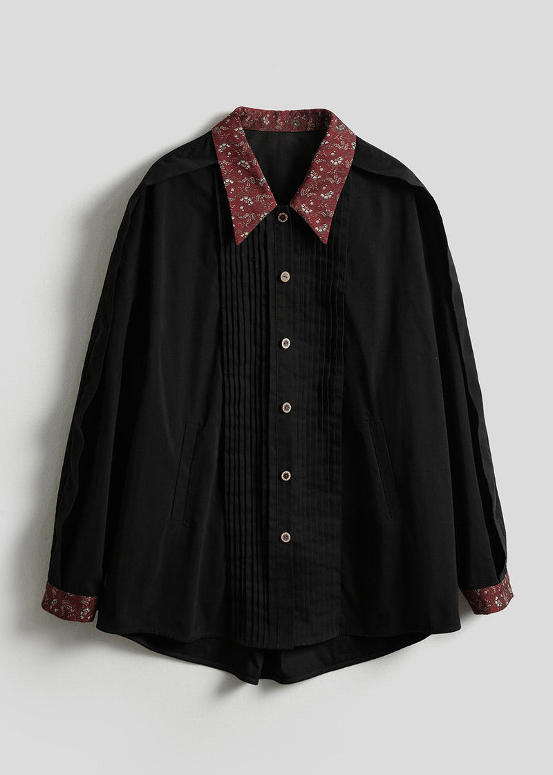 New Black Peter Pan Collar Wrinkled Patchwork Cotton Shirts Top Spring