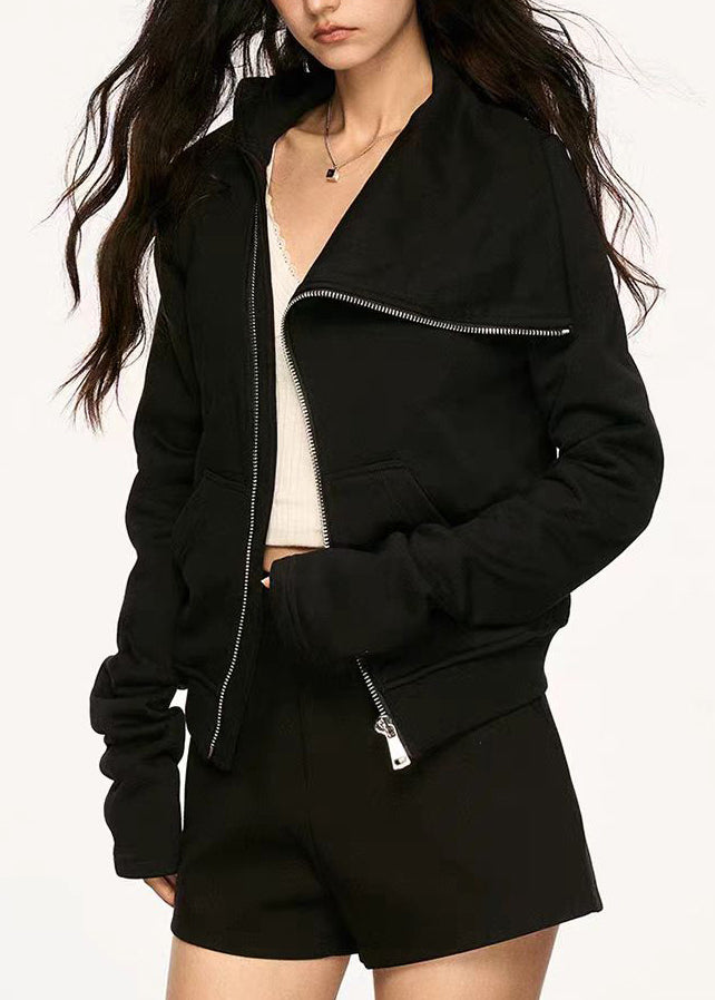 New Black Peter Pan Collar Zip Up Pockets Cotton Coats Spring