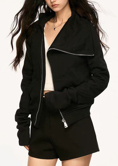 New Black Peter Pan Collar Zip Up Pockets Cotton Coats Spring