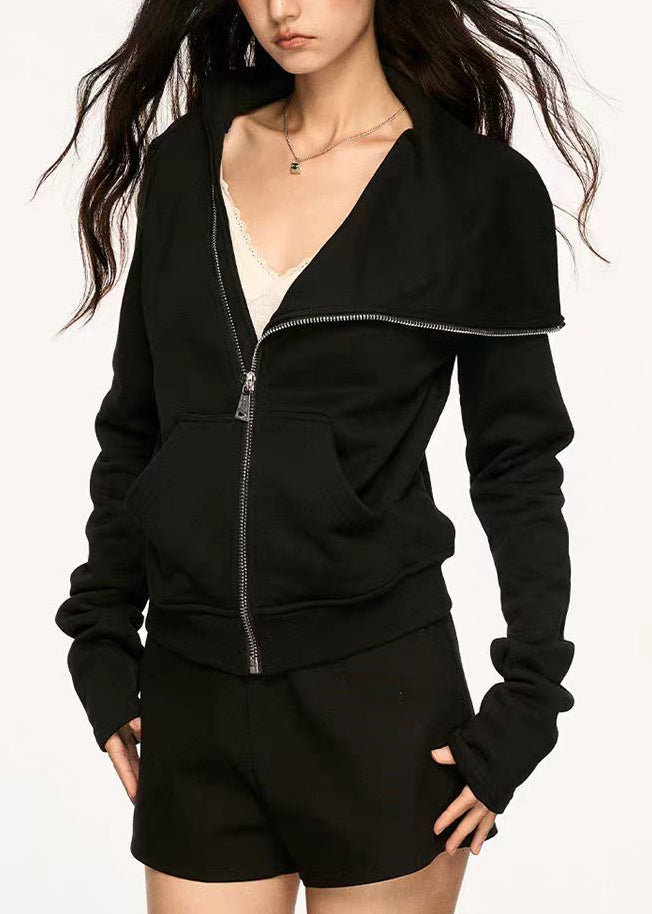New Black Peter Pan Collar Zip Up Pockets Cotton Coats Spring