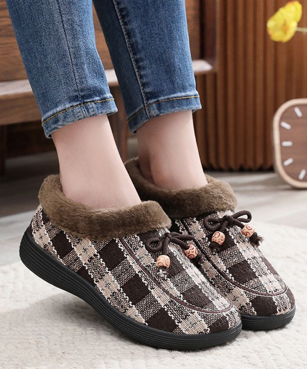 New Black Plaid Splicing Flats Fuzzy Wool Lined