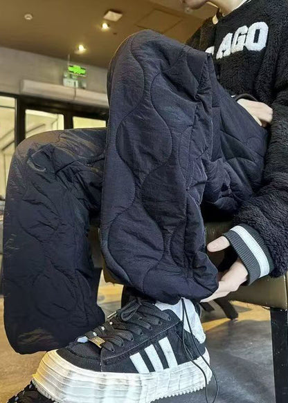 New Black Pockets Drawstring Cotton Filled Pants Winter