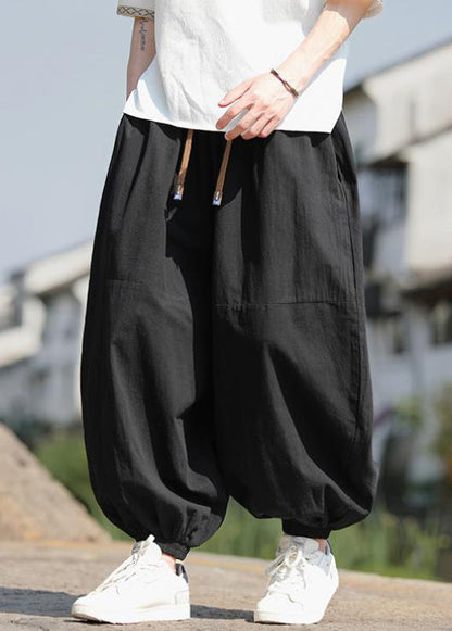 New Black Pockets Elastic Waist Cotton Beam Pants Spring