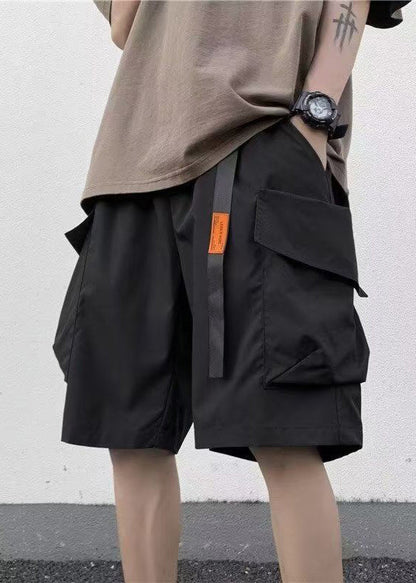 New Black Pockets Elastic Waist Cotton Shorts Summer