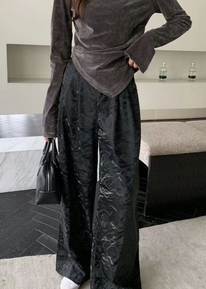 New Black Pockets Elastic Waist Faux Leather Wide Leg Pants Spring
