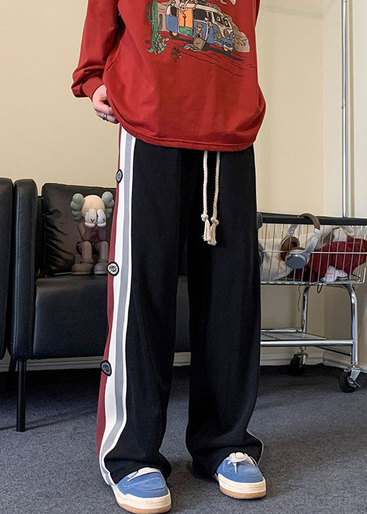 New Black Pockets Elastic Waist Patchwork Warm Fleece Pants Spring