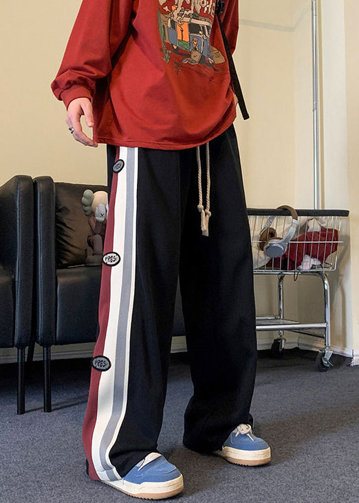 New Black Pockets Elastic Waist Patchwork Warm Fleece Pants Spring