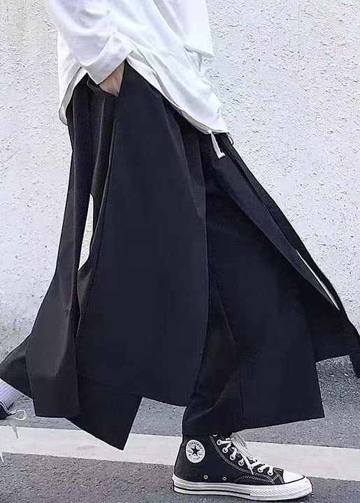 New Black Pockets False Two Pieces Cotton Crop Pants Fall