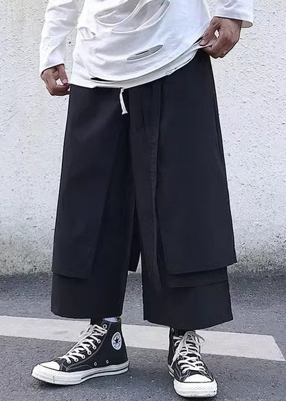 New Black Pockets False Two Pieces Cotton Crop Pants Fall