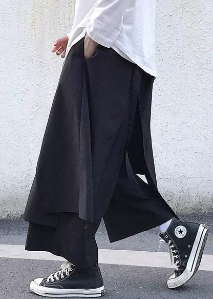 New Black Pockets False Two Pieces Cotton Crop Pants Fall
